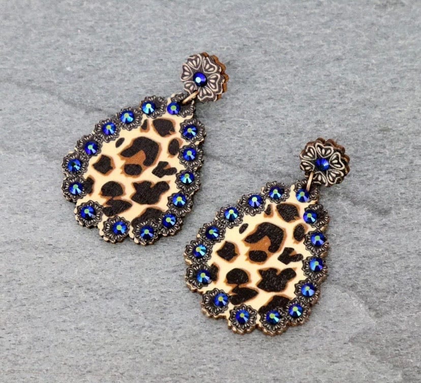 Blue leopard rhinestone earrings Southwest Bedazzle jewelz