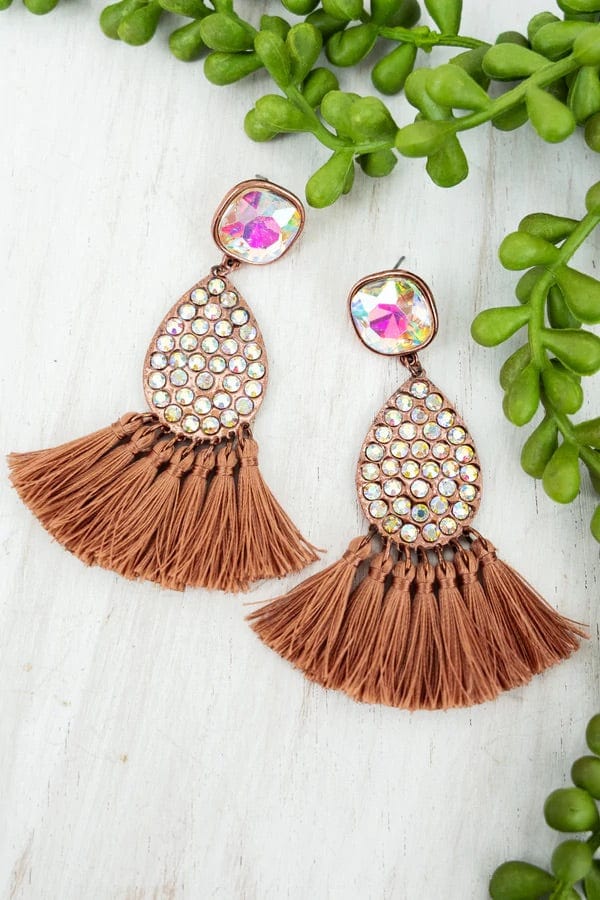 CRISTOBAL COPPERTONE TEARDROP TASSEL FRINGE EARRINGS Southwest Bedazzle Earrings