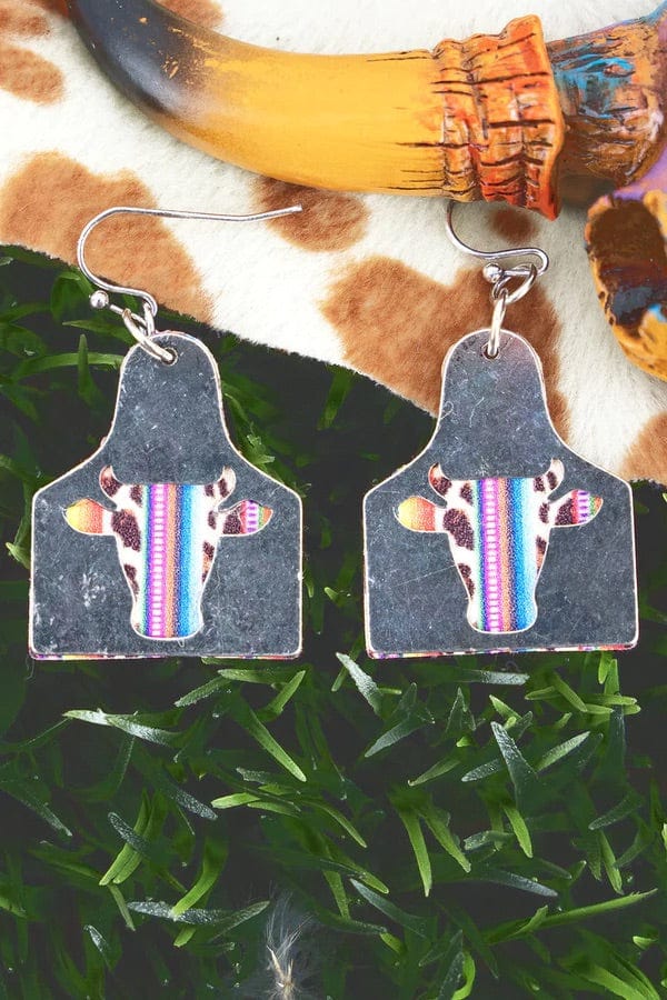 Serape steer Leather earrings Southwest Bedazzle jewelz